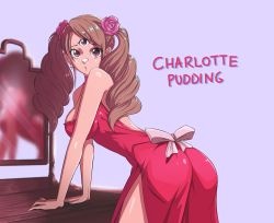 Rule 34 | 1girl, absurdres, arm support, ass, ass focus, breasts, character name, charlotte pudding, cowboy shot, dress, drill hair, earrings, from behind, highres, huge ass, jewelry, large breasts, long hair, one piece, opalis, red dress, shiny skin, sideboob, simple background, solo, standing, third eye, twintails, wide hips