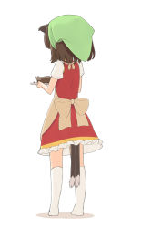 Rule 34 | 1girl, animal ears, apron, brown hair, cake, cat ears, cat girl, cat tail, chen, female focus, food, from behind, head scarf, kneehighs, multiple tails, nakashino setsu, short hair, simple background, socks, solo, tail, touhou, white background, white socks