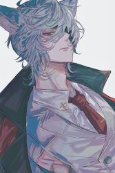 Rule 34 | 1boy, animal, bishounen, blue eyes, blue hair, character request, dutch angle, eyepatch, formal, from below, granblue fantasy, hair over one eye, highres, looking at viewer, male focus, muramitsu (d3jgv), necktie, red necktie, short hair, simple background, solo, suit, upper body, white background, white suit