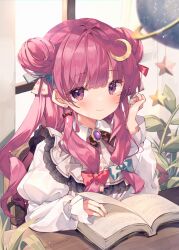 Rule 34 | 1girl, alternate costume, ana (rznuscrf), blue bow, blush, book, bow, closed mouth, crescent, crescent hair ornament, double bun, dress, frilled sleeves, frills, hair bow, hair bun, hair ornament, juliet sleeves, long hair, long sleeves, open book, patchouli knowledge, plant, potted plant, puffy sleeves, purple eyes, purple hair, red bow, smile, solo, star (symbol), touhou, white dress, window