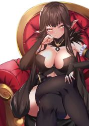 Rule 34 | 1girl, bare shoulders, black dress, black thighhighs, blush, breasts, bridal gauntlets, brown hair, chair, cleavage, crossed legs, detached sleeves, dress, fate/apocrypha, fate (series), fur trim, gold trim, highres, large breasts, long hair, looking at viewer, pointy ears, semiramis (fate), sidelocks, sitting, slit pupils, smile, solo, spider apple, thighhighs, thighs, very long hair, yellow eyes