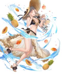 Rule 34 | 1girl, bare shoulders, bikini, blonde hair, blush, bracelet, breasts, cleavage, closed eyes, collarbone, cup, female focus, fingernails, fire emblem, fire emblem: three houses, fire emblem heroes, floating, floating object, food, frilled bikini, frills, fruit, full body, hat, highres, holding, holding spoon, jewelry, kippu, leg up, long hair, mango, mercedes von martritz, midriff, nail polish, navel, nintendo, official art, open mouth, parfait, peach, pineapple, sandals, see-through, smile, solo, spoon, stomach, straw hat, swimsuit, toenails, transparent background, water