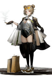 Rule 34 | 1girl, absurdres, alternate costume, bag, black choker, black shorts, black thighhighs, boots, breasts, brown cape, brown footwear, brown gloves, bullpup, cape, choker, cigar, cleavage, closed mouth, commentary, double bun, dress, earrings, eyewear on head, full body, ganet p, girls&#039; frontline, gloves, gun, hair bun, hair ornament, hairclip, highres, holding, holding bag, holding cigar, jewelry, light blush, light brown hair, looking at viewer, medium breasts, medium hair, p90, p90 (girls&#039; frontline), personal defense weapon, red eyes, shorts, smile, smoke, solo, standing, submachine gun, sunglasses, thighhighs, weapon, white background, white dress