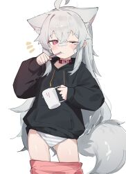 Rule 34 | 1girl, absurdres, ahoge, animal ear fluff, animal ears, bandaid, bandaid on cheek, bandaid on face, bandaid on nose, belt collar, black hoodie, blue panties, blush, brushing teeth, closed mouth, clothes pull, collar, commentary request, contrapposto, crossed bangs, cup, drawstring, extra ears, fenrir (fenriluuu), gluteal fold, highres, holding, holding cup, hood, hood down, hoodie, long hair, long sleeves, one eye closed, original, panties, pink eyes, pink skirt, puffy long sleeves, puffy sleeves, red collar, rir-chan, sidelocks, simple background, skirt, skirt pull, solo, striped clothes, striped panties, tail, underwear, very long hair, white background, white panties, wolf ears, wolf girl, wolf tail