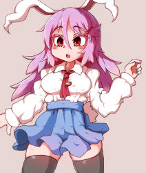 Rule 34 | 1girl, animal ears, black thighhighs, blue skirt, breasts, brown background, carrot pin, collared shirt, commentary, cowboy shot, hair between eyes, haruirokomici, large breasts, long hair, long sleeves, looking at viewer, necktie, open mouth, pleated skirt, purple hair, rabbit ears, rabbit girl, red eyes, red necktie, reisen udongein inaba, shirt, simple background, skirt, solo, thighhighs, touhou, white shirt