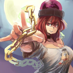 Rule 34 | 1girl, \m/, bare shoulders, breasts, bright pupils, chain, chanta (ayatakaoisii), cleavage, copyright request, full moon, grey shirt, hair between eyes, hat, hecatia lapislazuli, large breasts, long hair, moon, night, off shoulder, pointing, pointing at viewer, red eyes, red hair, shirt, smile, solo, touhou, upper body