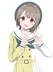 Rule 34 | 1girl, artist name, artist request, asymmetrical sleeves, belt, beret, blush, breasts, brown hair, buttons, collarbone, dress, dress shirt, female focus, green hat, green neckerchief, grey hair, hat, heart, heart hands, highres, layered skirt, light brown hair, long sleeves, looking at viewer, love live!, love live! nijigasaki high school idol club, love live! school idol festival, miniskirt, mirai harmony, mismatched sleeves, nakasu kasumi, neckerchief, parted lips, pink eyes, plaid, plaid skirt, pleated, pleated skirt, purple eyes, sailor collar, sailor dress, shirt, short hair, skirt, small breasts, smile, solo, striped clothes, striped skirt, two-tone dress, two-tone skirt, white background, white sailor collar, white shirt, white skirt, yellow belt, yellow shirt, yellow skirt