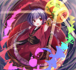 Rule 34 | 1girl, bowl, full body, highres, holding, holding mallet, holding sword, holding weapon, in container, japanese clothes, kimono, light particles, long sleeves, mallet, miracle mallet, moshihimechan, no headwear, open mouth, purple hair, rainbow order, red eyes, red kimono, sash, short hair, smile, solo, sukuna shinmyoumaru, sword, touhou, v-shaped eyebrows, weapon, wide sleeves