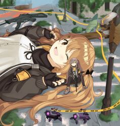 Rule 34 | 2girls, absurdres, brown hair, caution tape, giant, giantess, girls&#039; frontline, gun, highres, holding, holding weapon, keep out, long hair, multiple girls, skirt, twintails, ump45 (girls&#039; frontline), ump9 (girls&#039; frontline), weapon