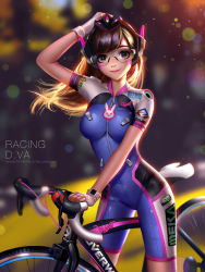 Rule 34 | 1girl, acronym, adapted costume, animal print, arm up, bicycle, bike jersey, bike shorts, biker clothes, blue bodysuit, blurry, bodysuit, bokeh, breasts, breasts apart, brown eyes, brown hair, cable, character name, closed mouth, clothes writing, covered navel, cowboy shot, d.va (overwatch), depth of field, emblem, eyelashes, facepaint, facial mark, fingerless gloves, floating hair, freckles, gloves, goggles, hand on own head, headphones, helmet, legs apart, lens flare, liang xing, light particles, logo, long hair, looking at viewer, medium breasts, nose, outdoors, overwatch, overwatch 1, patreon username, pink lips, rabbit print, road bicycle, saddle, short sleeves, shoulder pads, skin tight, smile, solo, spandex, standing, swept bangs, watermark, web address, whisker markings, white gloves, wind, zipper