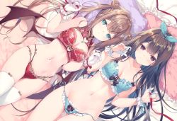 Rule 34 | 2girls, absurdres, blue eyes, blue panties, blush, bow, bra, breasts, brown hair, cleavage, closed mouth, frills, gloves, hair bow, highres, huge filesize, long hair, looking at viewer, lying, miwabe sakura, multiple girls, navel, on back, original, panties, pillow, red eyes, red panties, scan, shiny skin, side-tie panties, skindentation, stomach, thighhighs, thighs, twintails, underwear, underwear only, untied panties, very long hair, white gloves, white legwear, wings