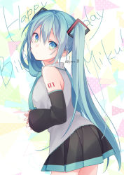 Rule 34 | 1girl, bare shoulders, black skirt, black sleeves, blue eyes, blue hair, blue necktie, character name, commentary request, detached sleeves, from side, grey shirt, hair between eyes, happy birthday, hatsune miku, kuroi (liar-player), long hair, long sleeves, looking at viewer, looking to the side, necktie, pleated skirt, shirt, skirt, sleeveless, sleeveless shirt, sleeves past wrists, solo, twintails, twitter username, very long hair, vocaloid, wide sleeves
