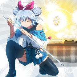 Rule 34 | 1girl, bare shoulders, black footwear, black tank top, black thighhighs, blue hair, blue skirt, bowl, closed mouth, collarbone, commentary request, copyright request, double bun, hair between eyes, hair bun, half-closed eyes, hat, highres, holding, holding sheath, holding sword, holding weapon, jacket, katana, kotatsu, long hair, long sleeves, off shoulder, on one knee, pleated skirt, red eyes, sheath, sheathed, shirosato, shoes, skirt, solo, sword, table, tank top, thighhighs, v-shaped eyebrows, weapon, white hat, white jacket