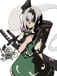 Rule 34 | 1girl, black hairband, closed mouth, flower, ghost, green eyes, green skirt, green vest, grey hair, hairband, highres, holding, holding flower, holding sword, holding weapon, konpaku youmu, konpaku youmu (ghost), looking at viewer, multiple swords, pink flower, shirt, short hair, short sleeves, simple background, skirt, sword, touhou, vest, weapon, white background, white shirt, xian qishui