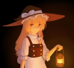Rule 34 | 1girl, absurdres, apron, back bow, black background, black hat, black skirt, black vest, blonde hair, bow, braid, breasts, buttons, closed mouth, cowboy shot, frilled apron, frilled hat, frills, happy, hat, hat bow, highres, holding lamp, kerosene lamp, kirisame marisa, lamp, long hair, looking at viewer, procy ocy, puffy short sleeves, puffy sleeves, shirt, short sleeves, side braid, single braid, skirt, small breasts, smile, solo, touhou, turtleneck, very long hair, vest, waist apron, waist bow, white apron, white bow, white shirt, witch, witch hat, yellow eyes