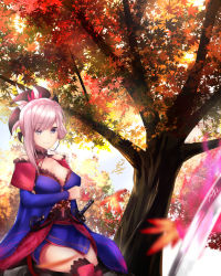 Rule 34 | 1girl, 28aarts, absurdres, asymmetrical hair, autumn leaves, backlighting, blue eyes, blurry, breasts, cleavage, closed mouth, collarbone, depth of field, detached sleeves, fate/grand order, fate (series), hair ornament, hair over one eye, highres, japanese clothes, katana, large breasts, leaf, light purple hair, light smile, looking at viewer, maple leaf, miyamoto musashi (fate), miyamoto musashi (third ascension) (fate), nature, ponytail, scenery, sheath, sheathed, sitting, smile, solo, sword, thighs, tree, weapon
