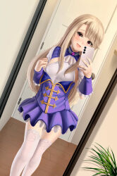 Rule 34 | 1girl, asymmetrical hair, blonde hair, blue skirt, blush, cellphone, dkoro, fate/kaleid liner prisma illya, fate (series), feet out of frame, female focus, highres, holding, holding phone, illyasviel von einzbern, indoors, long hair, mirror, open mouth, phone, pink eyes, plant, selfie, skirt, smartphone, solo, standing, teeth, thighhighs, thighs, upper teeth only, very long hair, white thighhighs, wooden floor, zettai ryouiki