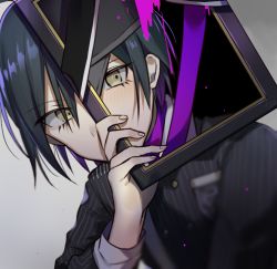 Rule 34 | 1boy, ahoge, baseball cap, black hair, black hat, black jacket, blood, blush, collared shirt, commentary request, covering own mouth, danganronpa (series), danganronpa v3: killing harmony, hat, holding, huyuharu0214, iei, jacket, looking at viewer, male focus, pink blood, saihara shuichi, shirt, short hair, signature, solo, split theme, striped clothes, striped jacket, upper body, weapon