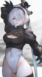 Rule 34 | 1girl, 2b (nier:automata), absurdres, artist name, blue eyes, breasts, cleavage, cleavage cutout, closed mouth, clothing cutout, commentary, curvy, feather trim, gloves, hair ornament, hairband, highleg, highleg leotard, highres, holding, holding weapon, leotard, lips, long sleeves, looking at viewer, medium breasts, mole, mole under mouth, nier:automata, nier (series), puffy sleeves, shiny skin, short hair, signature, simple background, sword, thighhighs, thighs, turtleneck, weapon, white hair, white leotard, wide hips, yct (yoct o)