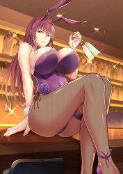 Rule 34 | 1girl, absurdres, animal ears, ass, bar (place), blush, breasts, cleavage, commentary request, cup, detached collar, drinking glass, fake animal ears, fate/grand order, fate (series), fishnet pantyhose, fishnets, hair between eyes, highleg, highleg leotard, highres, holding, holding cup, ijima yuu, large breasts, legs, leotard, long hair, looking at viewer, official alternate costume, pantyhose, parted lips, playboy bunny, purple hair, purple leotard, rabbit ears, red eyes, scathach (fate), scathach (piercing bunny) (fate), sitting, solo, thighs, wrist cuffs