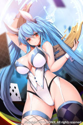 Rule 34 | 1girl, argyle, argyle clothes, argyle legwear, arm up, asymmetrical legwear, bare shoulders, blue hair, blush, breasts, card, detached collar, fishnet thighhighs, fishnets, garter straps, hair ribbon, highres, large breasts, leotard, long hair, looking at viewer, luthica preventer, mismatched legwear, official art, playboy bunny, playing card, red eyes, ribbon, snowball22, solo, sword girls, thighhighs, twintails, very long hair, wrist cuffs