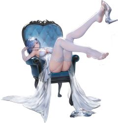 Rule 34 | 1girl, absurdres, armpits, ass, azur lane, bare shoulders, conductor baton, blue eyes, blue hair, blush, breast cutout, breasts, chapayev (azur lane), chapayev (melody of the white cavalier) (azur lane), dress, elbow gloves, feet, foot focus, foreshortening, garter straps, glass slipper, gloves, gujianshaonu, hair ornament, high heels, highres, instrument, lace, lace-trimmed legwear, lace trim, large breasts, legs, looking at viewer, no shoes, official art, on chair, plantar flexion, shoe dangle, shoes, short hair, single shoe, smile, soles, solo, strapless, strapless dress, suggestive fluid, thighhighs, thighs, toes, transparent background, unworn shoes, white thighhighs