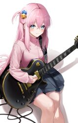Rule 34 | 1girl, 3:, absurdres, aqua eyes, black skirt, blush, bocchi the rock!, cable, closed mouth, cube hair ornament, electric guitar, frown, gotoh hitori, guitar, hair ornament, highres, holding, instrument, jacket, kuro (rudyan0128), long hair, long sleeves, looking at viewer, one side up, pink hair, pink jacket, plectrum, simple background, sitting, skirt, solo, track jacket, very long hair, white background
