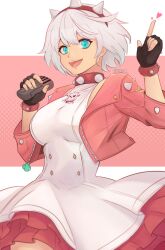 Rule 34 | 1girl, absurdres, aqua eyes, blue eyes, bracelet, clover, collar, dress, elphelt valentine, four-leaf clover, frills, guilty gear, guilty gear strive, hairband, heart, highres, holding, holding microphone, jacket, jewelry, microphone, open clothes, open jacket, pink jacket, sleeveless, sleeveless dress, smgold, solo, spiked bracelet, spiked collar, spiked hairband, spikes, white dress