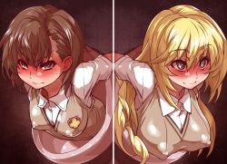 2girls blonde_hair blush breasts brown_eyes brown_hair closed_mouth collared_shirt covered_erect_nipples embarrassed full-face_blush happy highres large_breasts long_hair looking_at_viewer matching_hair/eyes medium_breasts medium_hair misaka_mikoto multiple_girls puffy_nipples school_uniform shirt shokuhou_misaki smile symbol-shaped_pupils through_wall toaru_kagaku_no_railgun toaru_majutsu_no_index upper_body wanaata