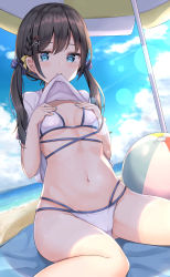 Rule 34 | 1girl, absurdres, ball, beach, beach umbrella, beachball, bikini, black hair, blue bow, blue eyes, blue nails, bow, braid, breasts, closed mouth, clothes in mouth, clothes lift, day, diagonal stripes, hair bow, hair ornament, hairclip, hands up, highres, horizon, keiran (ryo170), lifted by self, long hair, looking at viewer, low twintails, mouth hold, multi-strapped bikini, nail polish, navel, ocean, original, outdoors, sand, shirt, shirt in mouth, shirt lift, short sleeves, sitting, small breasts, smile, solo, striped, striped bow, swimsuit, twintails, umbrella, wariza, water, white bikini, white shirt, yellow bow