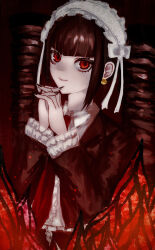 Rule 34 | 1girl, absurdres, brown hair, brown jacket, celestia ludenberg, center frills, closed mouth, collared shirt, danganronpa: trigger happy havoc, danganronpa (series), drill hair, earrings, fire, frills, gothic lolita, grey shirt, highres, jacket, jewelry, lolita fashion, long hair, necktie, own hands clasped, own hands together, red eyes, shi ge xu, shirt, smile, solo, twin drills, twintails