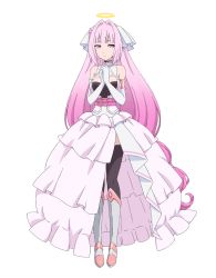 Rule 34 | 1girl, angel white, bare shoulders, black thighhighs, boots, breasts, dress, elbow gloves, eyelashes, full body, gloves, gradient hair, halo, long hair, looking at viewer, maou-sama retry!, medium breasts, multicolored hair, official art, pink eyes, pink hair, simple background, smile, solo, standing, thighhighs, very long hair, white background, white dress