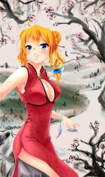 Rule 34 | 1girl, absurdres, aizawa hikaru, aqua eyes, bare shoulders, blonde hair, bracelet, breasts, china dress, chinese clothes, chinese new year, cleavage, cleavage cutout, clothing cutout, double bun, dress, female focus, highres, initial f, jewelry, large breasts, microsoft, nature, plant, river, rock, side slit, silverlight, sky, solo, tree