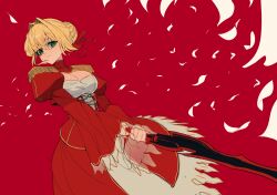 Rule 34 | 1girl, absurdres, blonde hair, braid, breasts, cleavage, dress, fate/extra, fate (series), green eyes, hair bun, hair ribbon, highres, holding, holding sword, holding weapon, kowai (iamkowai), large breasts, looking at viewer, nero claudius (fate), nero claudius (fate) (all), red background, ribbon, simple background, single hair bun, solo, sword, weapon, white petals