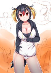 Rule 34 | &gt;:), 10s, 1girl, black hair, breasts, cleavage, crossover, hand in pocket, hassen (8cm), hood, hoodie, kemono friends, kenzen robo daimidaler, large breasts, multicolored hair, penguin tail, red eyes, rockhopper penguin (kemono friends), signature, smile, streaked hair, tail, twitter username, unzipped, v-shaped eyebrows
