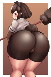 Rule 34 | 1girl, absurdres, animal ears, ass, bear ears, bear girl, paw stick, bear tail, bent over, bike shorts, blush, border, brown bear (kemono friends), brown hair, cameltoe, cleft of venus, crotch, elbow gloves, extra ears, from side, gloves, grey hair, highres, holding, holding weapon, impossible clothes, impossible shorts, kemono friends, looking at viewer, looking back, medium hair, microskirt, multicolored hair, neukkom, outside border, parted lips, presenting, shirt, short sleeves, shorts, shorts under skirt, skin tight, skirt, solo, standing, tail, two-tone hair, weapon, white border