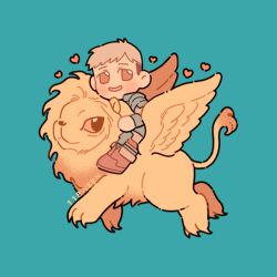 Rule 34 | 118ween, 1boy, :d, armor, artist name, blue background, boots, brown eyes, chibi, colored sclera, dungeon meshi, feathered wings, from side, grey hair, heart, laios touden, light brown hair, lion, looking at viewer, looking to the side, male focus, open mouth, pauldrons, plate armor, red sclera, riding, short hair, shoulder armor, simple background, smile, vambraces, winged lion (dungeon meshi), wings