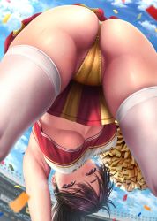 Rule 34 | 1girl, armpits, ass, bent over, breasts, brown hair, cameltoe, cheerleader, confetti, crop top, from below, highres, holding, holding pom poms, kase daiki, large breasts, looking at viewer, original, outdoors, panties, pink eyes, pom pom (cheerleading), pom poms, ponytail, sky, stadium, sweat, thighhighs, underboob, underwear, white thighhighs, yellow panties