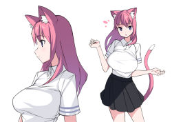 Rule 34 | 1girl, :o, animal ear fluff, animal ears, black skirt, blush, breasts, cat ears, cat girl, cat tail, closed mouth, collared shirt, copyright request, hand up, large breasts, looking at viewer, looking away, looking to the side, multiple views, parted lips, pink hair, pleated skirt, purple eyes, saiste, shirt, short sleeves, simple background, skirt, tail, tail raised, white background, white shirt
