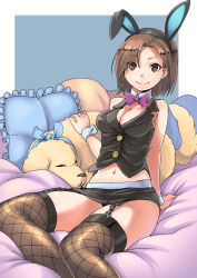 Rule 34 | 1girl, animal ears, arm support, armpit crease, bed, black hairband, black skirt, black thighhighs, black vest, blue background, blue bow, blue bowtie, blue ribbon, border, bow, bowtie, breasts, brown eyes, brown hair, buttons, cleavage, closed eyes, commentary request, detached collar, dog, eyes visible through hair, fake animal ears, fishnet thighhighs, fishnets, frills, garter straps, hair over one eye, hairband, idolmaster, idolmaster cinderella girls, lapels, lc butter, looking at viewer, medium breasts, midriff, miniskirt, mizuki seira, navel, outside border, parted hair, pencil skirt, pillow, rabbit ears, ribbon, short hair, shorts, sitting, skirt, smile, solo, thighhighs, vest, white border, wrist cuffs