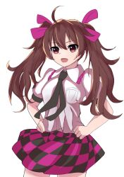 Rule 34 | 1girl, ahoge, black necktie, black skirt, bow, breast pocket, breasts, brown eyes, brown hair, checkered clothes, checkered skirt, collared shirt, commentary request, cowboy shot, frilled shirt collar, frills, gin&#039;iro kyabetsu, hair bow, hands on own hips, himekaidou hatate, long hair, looking at viewer, medium bangs, medium breasts, necktie, no headwear, open mouth, pocket, puffy short sleeves, puffy sleeves, purple bow, purple skirt, shirt, short sleeves, simple background, skirt, smile, solo, touhou, twintails, white background, white shirt