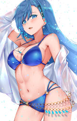 Rule 34 | 1girl, ankomochi142, arm up, bikini, blue bikini, blue eyes, blue gemstone, blue hair, breasts, cleavage, collarbone, cowboy shot, earrings, from side, gem, hair ornament, hairclip, highres, jewelry, long hair, looking at viewer, maria traydor, medium breasts, multi-strapped bikini, navel, necklace, o-ring, o-ring bikini, o-ring bottom, open mouth, smile, solo, standing, star ocean, star ocean anamnesis, star ocean till the end of time, string bikini, swimsuit, wet, white background