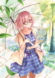 Rule 34 | 1girl, bag, bench, blue dress, blush, breasts, brown jacket, closed mouth, collarbone, commentary request, cowboy shot, day, dress, fate/grand order, fate (series), flower, glasses, hair between eyes, hanagin, handbag, highres, holding, holding umbrella, hood, hood down, hooded jacket, jacket, lamppost, mash kyrielight, mash kyrielight (senpai killer outfit), official alternate costume, open clothes, open jacket, outdoors, park bench, pink eyes, pink flower, pink hair, plaid, plaid dress, red-framed eyewear, shoulder bag, small breasts, solo, standing, transparent, transparent umbrella, umbrella, water drop
