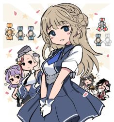 Rule 34 | 5girls, bare shoulders, black hair, black necktie, black skirt, blonde hair, blue dress, blue eyes, blue necktie, blue skirt, blush stickers, braid, closed eyes, closed mouth, collared shirt, detached sleeves, dress, gloves, hair ornament, hairband, hairclip, haruna (kancolle), haruna kai ni (kancolle), headgear, japanese clothes, kantai collection, langley (kancolle), light brown hair, light purple hair, long hair, massachusetts (kancolle), multicolored hair, multiple girls, necktie, nontraditional miko, open mouth, ranger (kancolle), red hair, scarf, school uniform, sendai (kancolle), sendai kai ni (kancolle), serafuku, shirt, short hair, short sleeves, skirt, sleeveless, sleeveless shirt, smile, streaked hair, terrajin, two-tone dress, two side up, white dress, white gloves, white scarf, white shirt