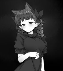 Rule 34 | 1girl, animal ears, arm under breasts, blush, bow, braid, breasts, cat ears, closed mouth, commentary, dark background, dated commentary, dress, extra ears, fang, fang out, frills, gradient background, greyscale, hair bow, hair ribbon, highres, kaenbyou rin, medium breasts, mizuga, monochrome, pointy ears, puffy short sleeves, puffy sleeves, ribbon, short sleeves, simple background, skin fang, smile, solo, touhou, tress ribbon, twin braids, upper body