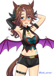 Rule 34 | 1girl, ^^^, animal ears, armpits, arms behind head, arms up, belt, black gloves, black horns, black shirt, black shorts, blue eyes, blush, bracelet, breasts, brown belt, brown hair, cleavage, cleavage cutout, clothing cutout, cowboy shot, cropped shirt, demon horns, demon wings, ear ornament, elbow gloves, flying sweatdrops, frown, fur armlet, gloves, halloween, halloween costume, halterneck, horns, horse ears, horse girl, horse tail, jewelry, long hair, looking at viewer, low wings, medium breasts, mejiro palmer (devil in the moonlight) (umamusume), mejiro palmer (umamusume), midriff, navel, official alternate costume, open mouth, purple wings, seki (hyokosho), shirt, short shorts, shorts, simple background, single glove, solo, sparkle, standing, sweatdrop, tail, textless version, thigh strap, twitter username, umamusume, white background, wings
