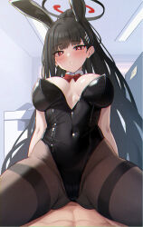Rule 34 | 1boy, 1girl, :o, alternate costume, animal ears, black hair, black leotard, black pantyhose, blue archive, blush, bow, bowtie, breasts, breasts apart, clothed female nude male, covered navel, detached collar, fake animal ears, groin, halo, highleg, highleg leotard, highres, indoors, large breasts, leotard, long hair, looking at viewer, mijikayo (user eyyx8247), nude, out of frame, pantyhose, playboy bunny, ponytail, pov, rabbit ears, red bow, red bowtie, red eyes, rio (blue archive), spread legs, strapless, strapless leotard, very long hair