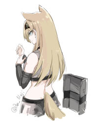 Rule 34 | 1girl, animal ears, arknights, bare shoulders, blue eyes, breasts, closed mouth, crop top, from behind, hands up, horn (arknights), light brown hair, long hair, medium breasts, midriff, nejikyuu, profile, simple background, solo, tail, twitter username, white background