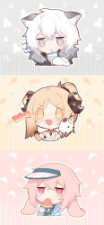Rule 34 | 1girl, 2boys, ?, animal ears, ansel (arknights), ansel (casual vacation) (arknights), arknights, black jacket, blonde hair, blue sailor collar, chibi, clenched hands, crossed bangs, cup, demon horns, drinking, drinking straw, drinking straw in mouth, floppy ears, food, fruit, fur-trimmed jacket, fur trim, grey background, grey eyes, grey hair, hair between eyes, hands up, highres, holding, holding food, horns, ifrit (arknights), ifrit (sunburn) (arknights), jacket, jitome, leopard boy, leopard ears, leopard tail, multiple boys, official alternate costume, open mouth, pink background, pink eyes, pink hair, ponytail, rabbit boy, rabbit ears, renren, sailor collar, shirt, short hair, silverash (arknights), tail, visor cap, watermelon, watermelon slice, white hair, white shirt, yellow background, yellow eyes