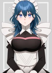 Rule 34 | 1girl, apron, black dress, blue eyes, blue hair, blush, breasts, byleth (female) (fire emblem), byleth (fire emblem), closed mouth, dress, fire emblem, fire emblem: three houses, gmais2514, hair between eyes, highres, large breasts, long hair, long sleeves, looking at viewer, maid, maid headdress, mixed-language commentary, nintendo, official alternate costume, solo, waist apron, wavy hair, white apron